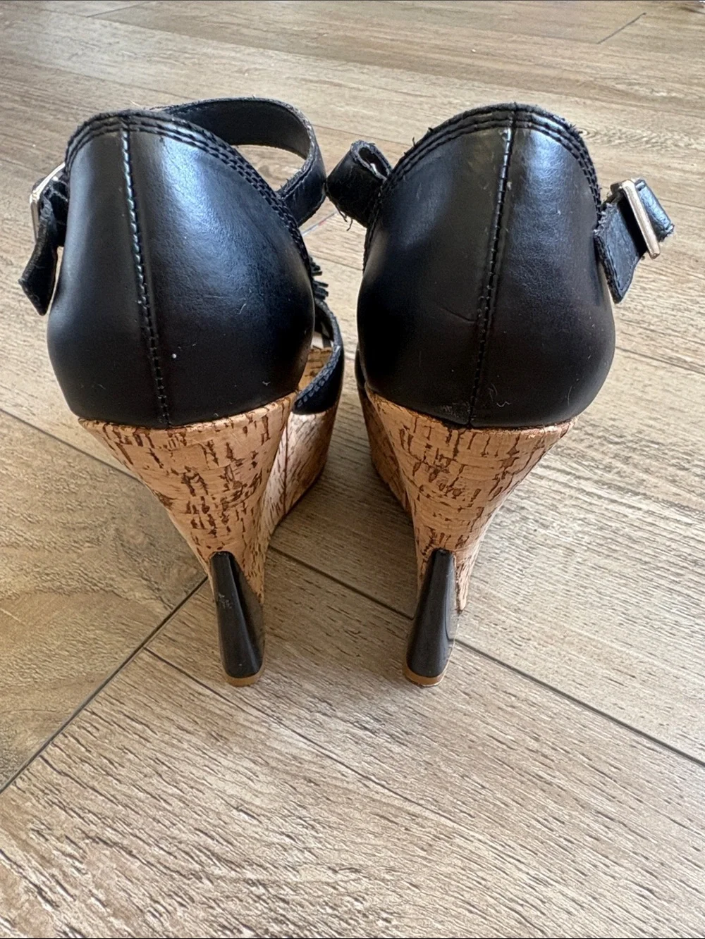 Harajuku Lovers Gwen Stefani Black Cork Platform Wedges w Black Leather Pom Poms